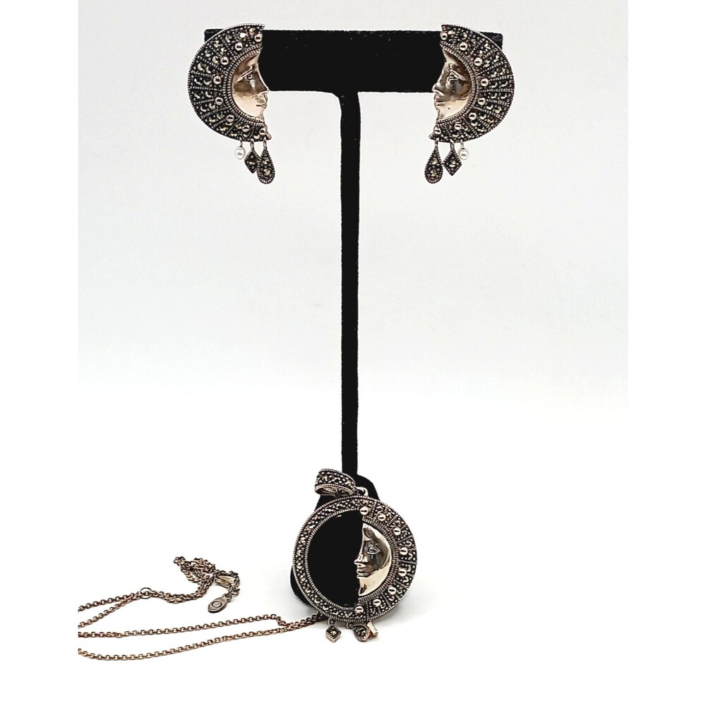 Celestial Sterling Pendant Necklace Earrings  Black Onyx Marcasite Man-in-Moon - Picture 5 of 12